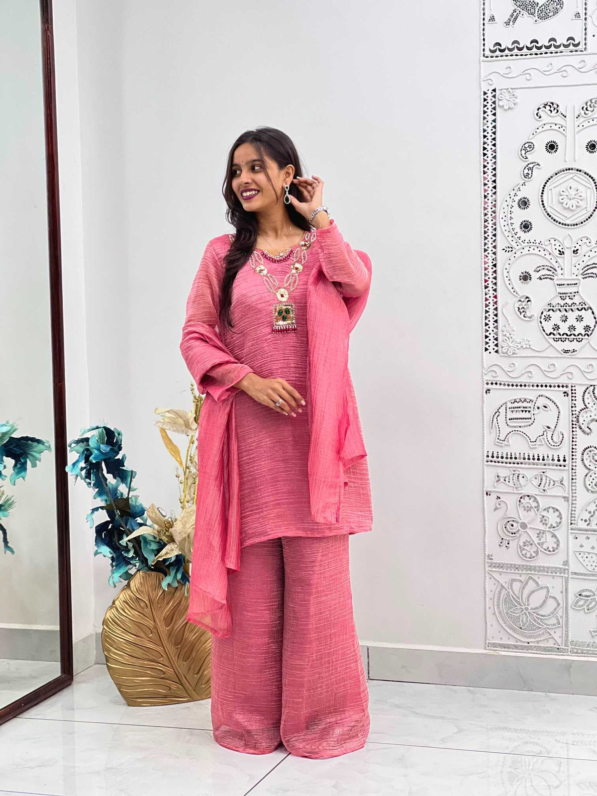 Crush Silk Embroidery Suit in Orange