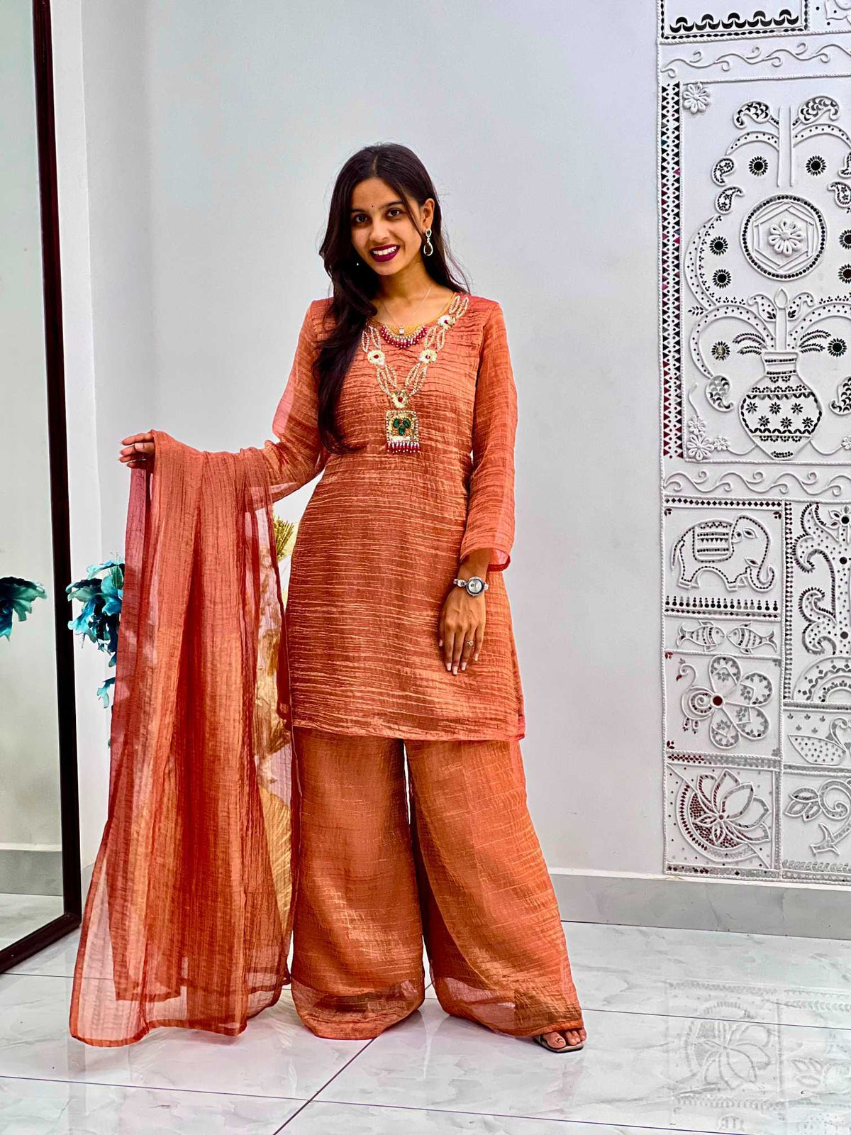 Crush Silk Embroidery Suit in Orange