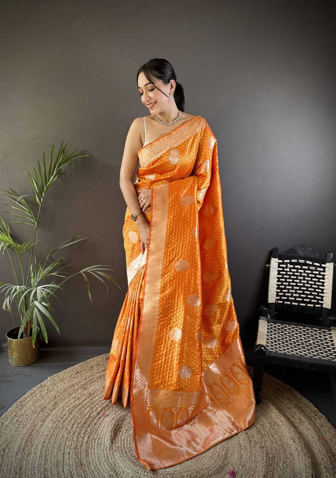 Satin Designer Saree in Orange