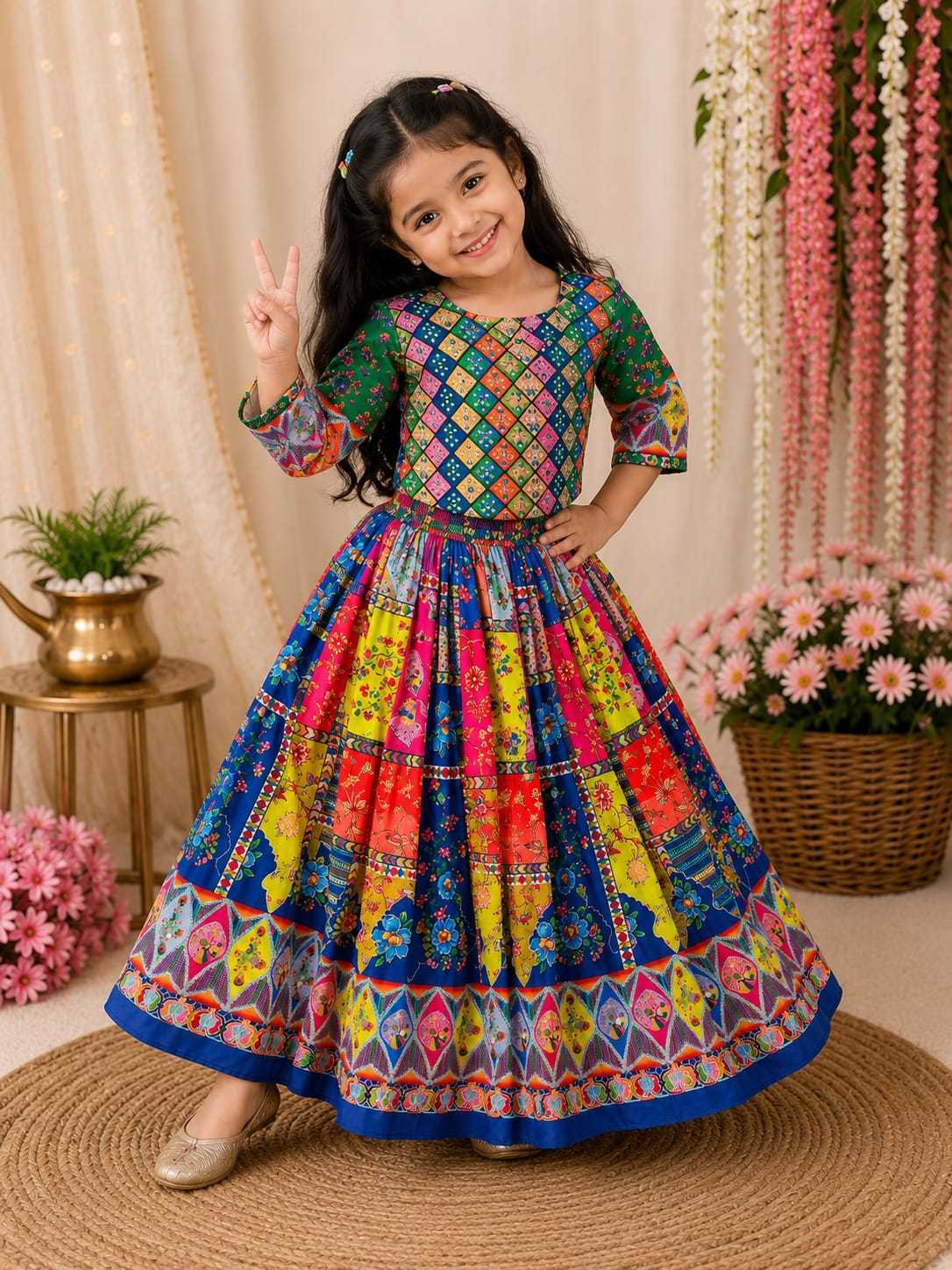 Soft Silk Kids Lehenga in Green