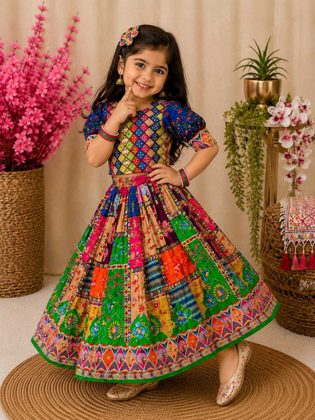 Soft Silk Kids Lehenga in Green
