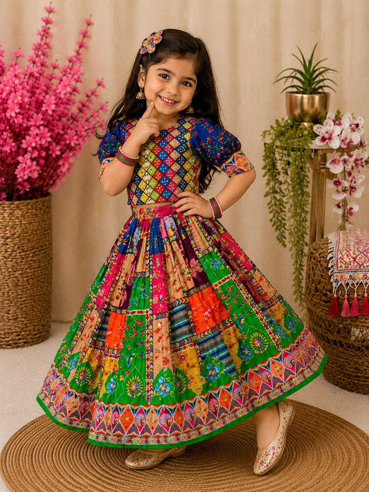 Soft Silk Kids Lehenga in Green