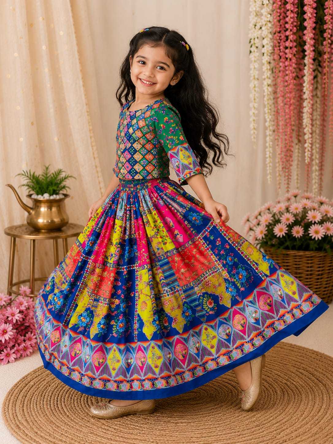 Soft Silk Kids Lehenga in Green