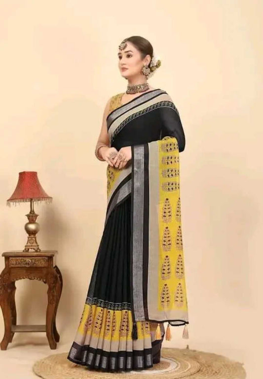 Jamkudi Linen Cotton Saree in Black