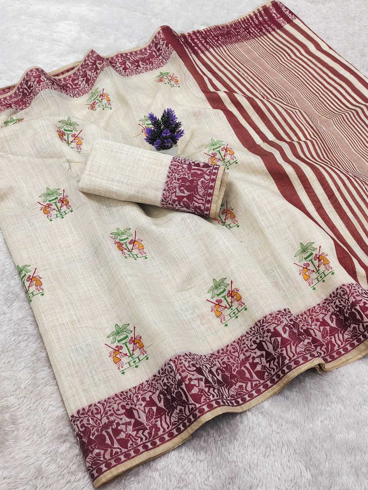 Chiku Cotton Printed Saree