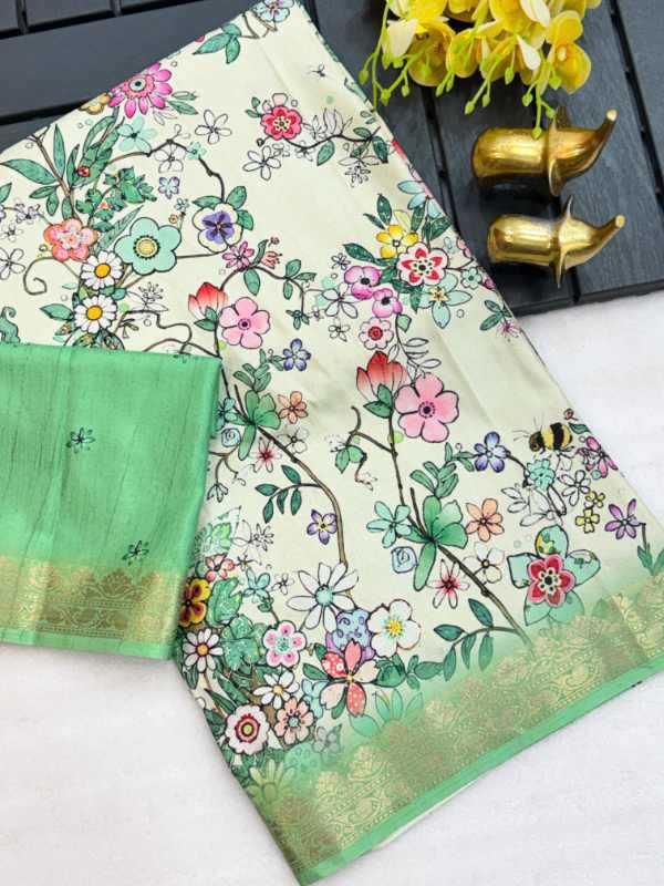 Tussar Silk Printed Saree in Green
