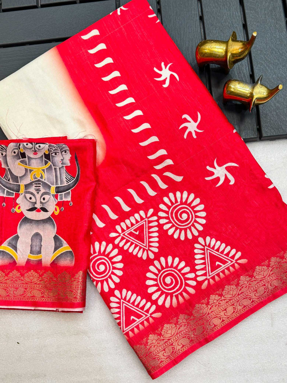 Durga Pooja Tussar Silk Traditional Saree in Red
