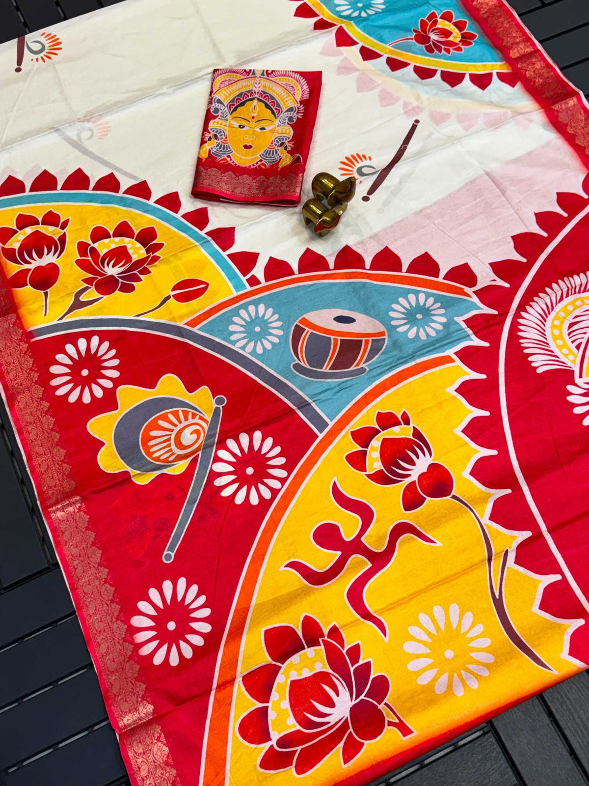 Durga Pooja Tussar Silk Traditional Saree in Red