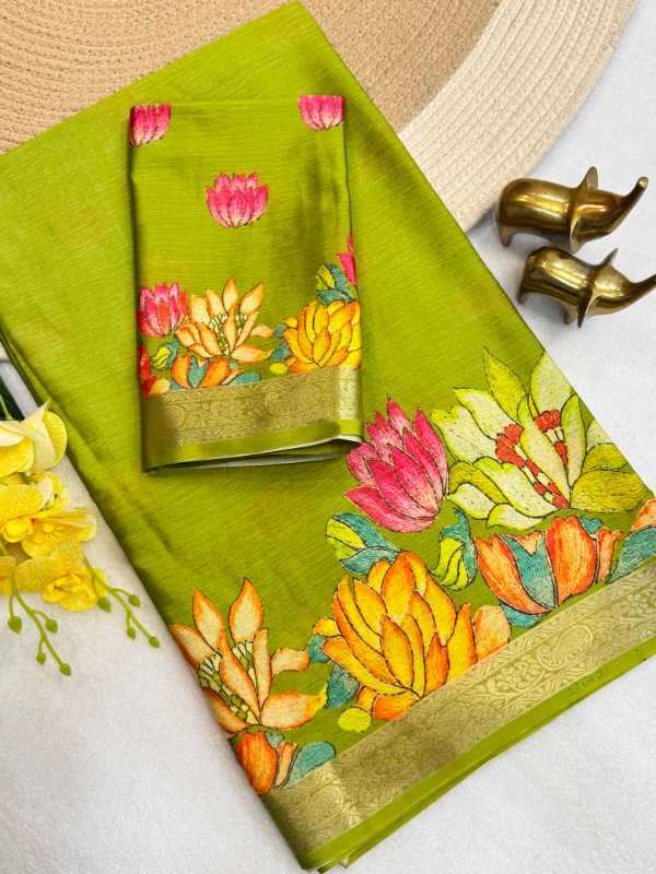 Chinon Printed Saree in Green