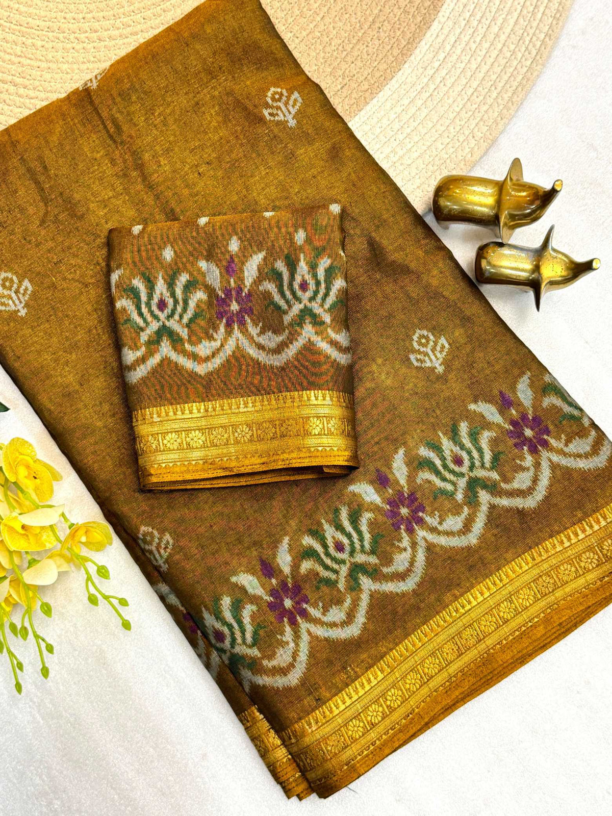 Cotton Printed Saree in Brown Bramble