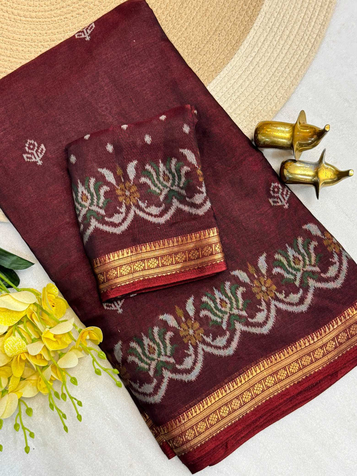 Cotton Printed Saree in Brown Bramble