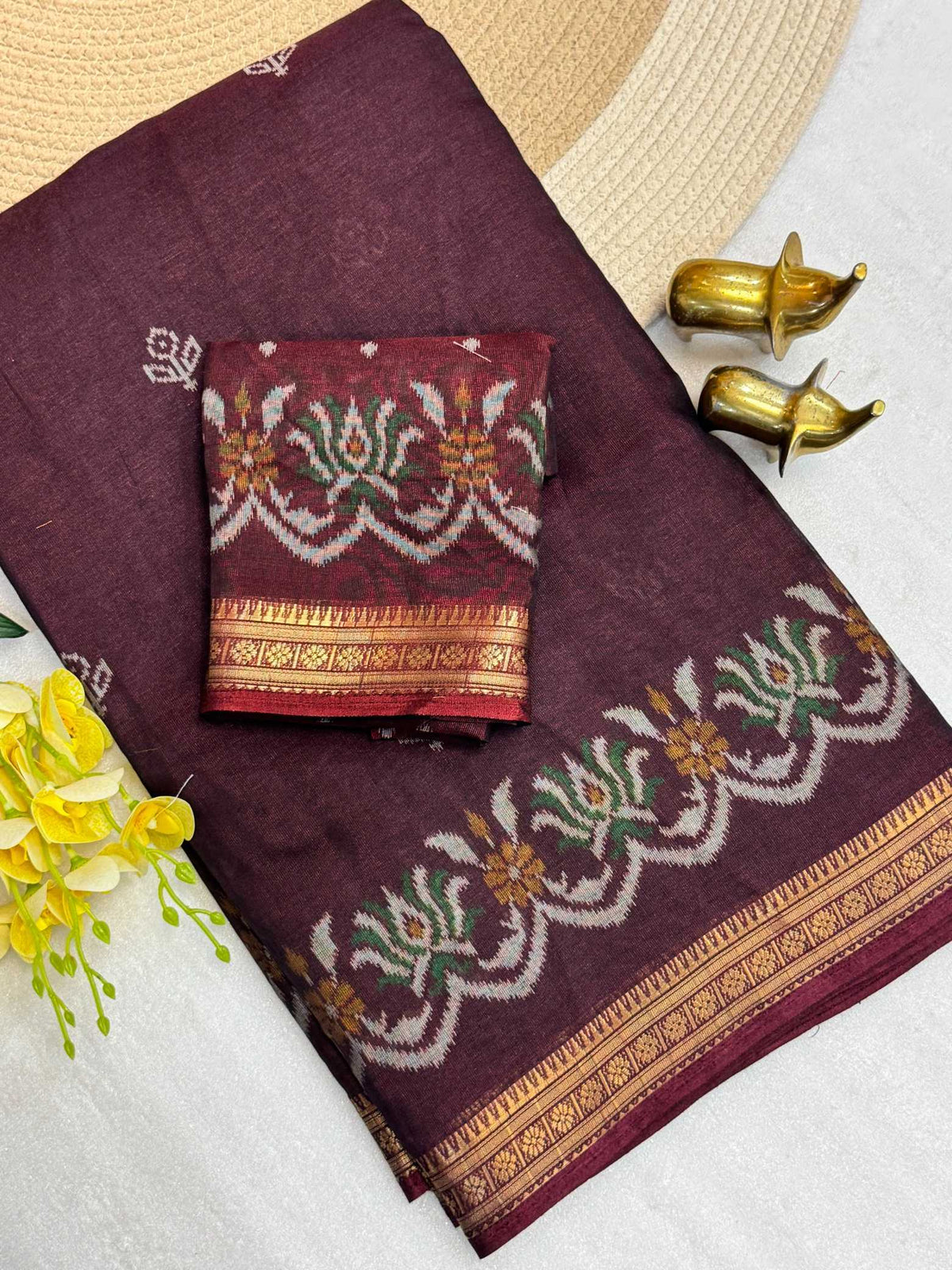 Cotton Printed Saree in Brown Bramble