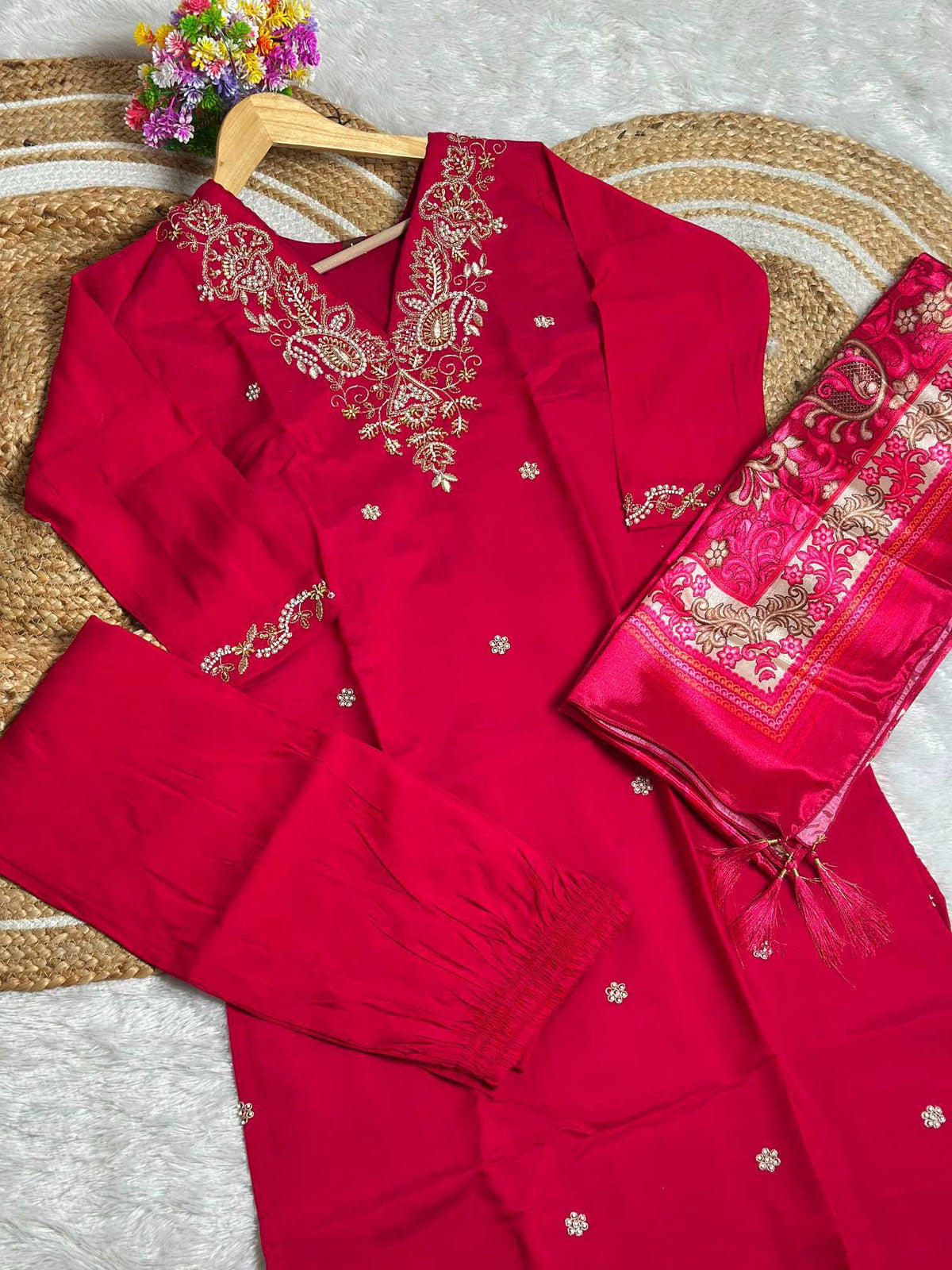 Bits Pink Premium Roman Silk Ladies Suit