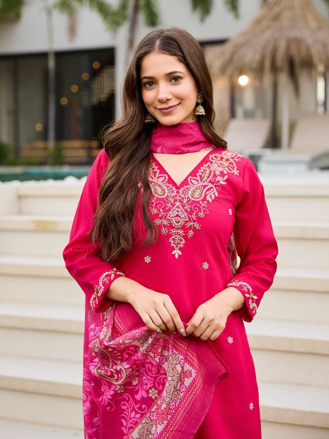 Bits Pink Premium Roman Silk Ladies Suit