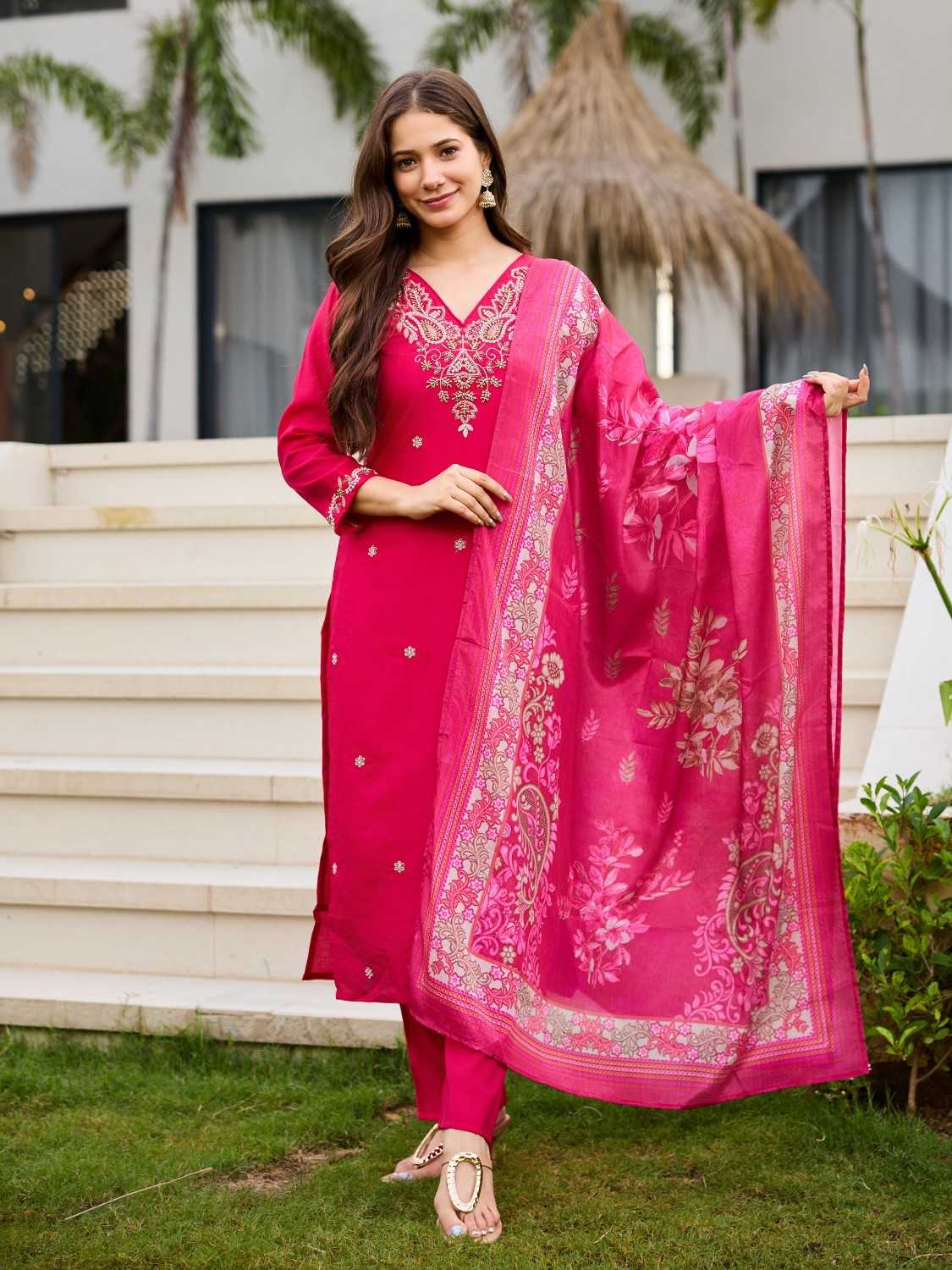 Bits Pink Premium Roman Silk Ladies Suit