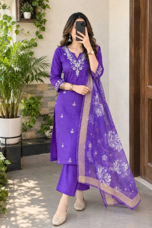Slub Reyon Printed Suit in Purple