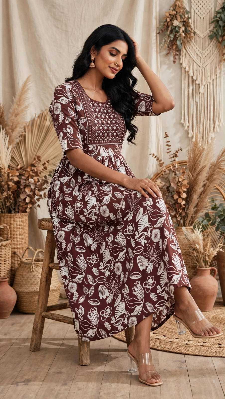 Rayon Printed Gown in Sky Blue