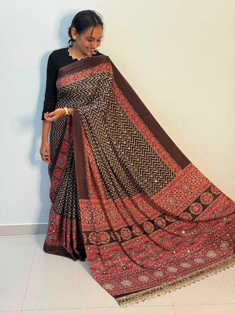 Satin Ajrakh Saree