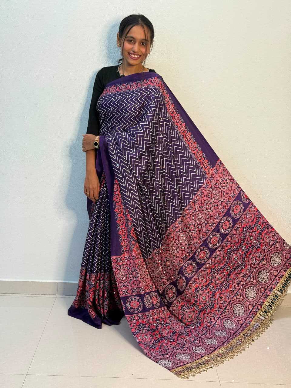 Satin Ajrakh Saree