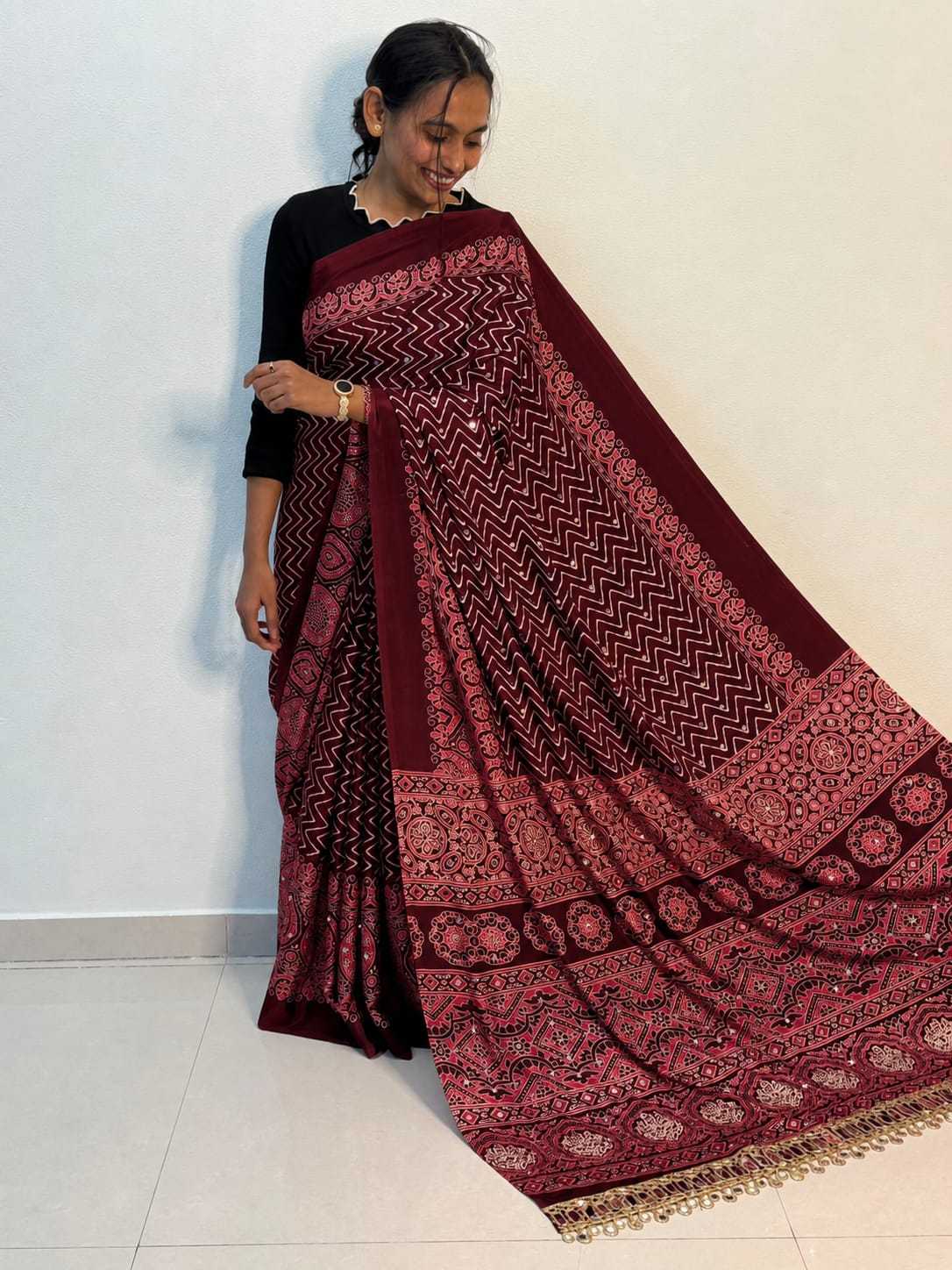 Satin Ajrakh Saree