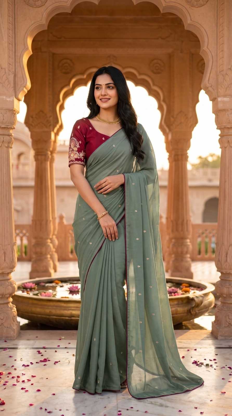 Chinon Designer Saree in Light Green