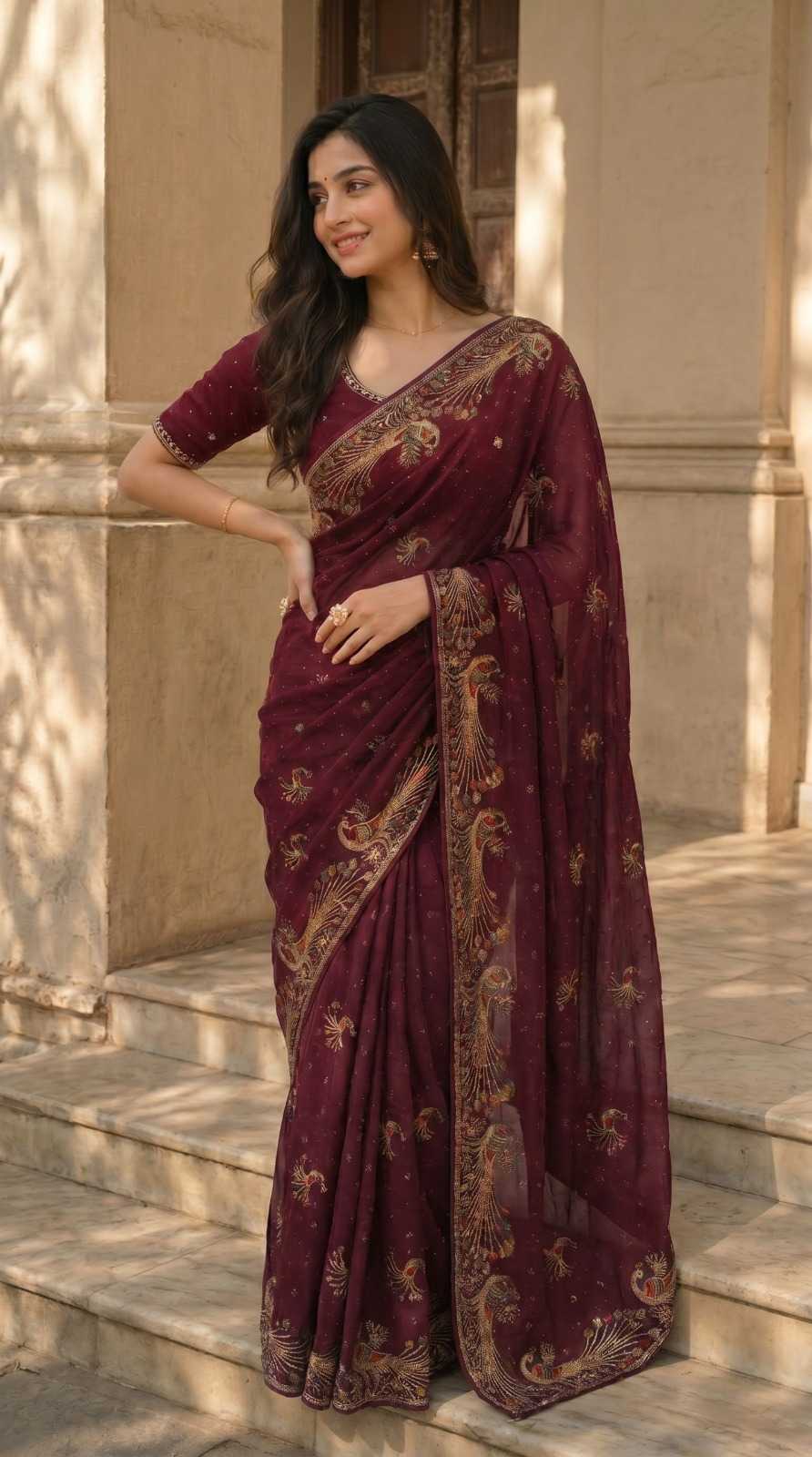 Chiffon Designer Saree in Brown