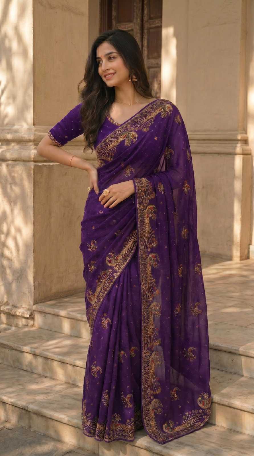 Chiffon Designer Saree in Brown