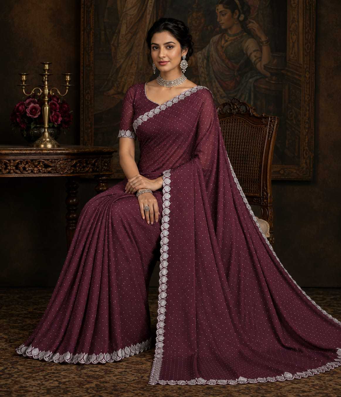 Chinon Designer Saree in Wine