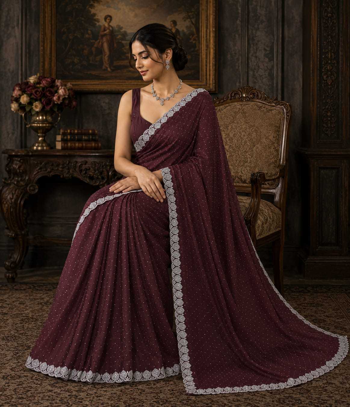 Chinon Designer Saree in Wine