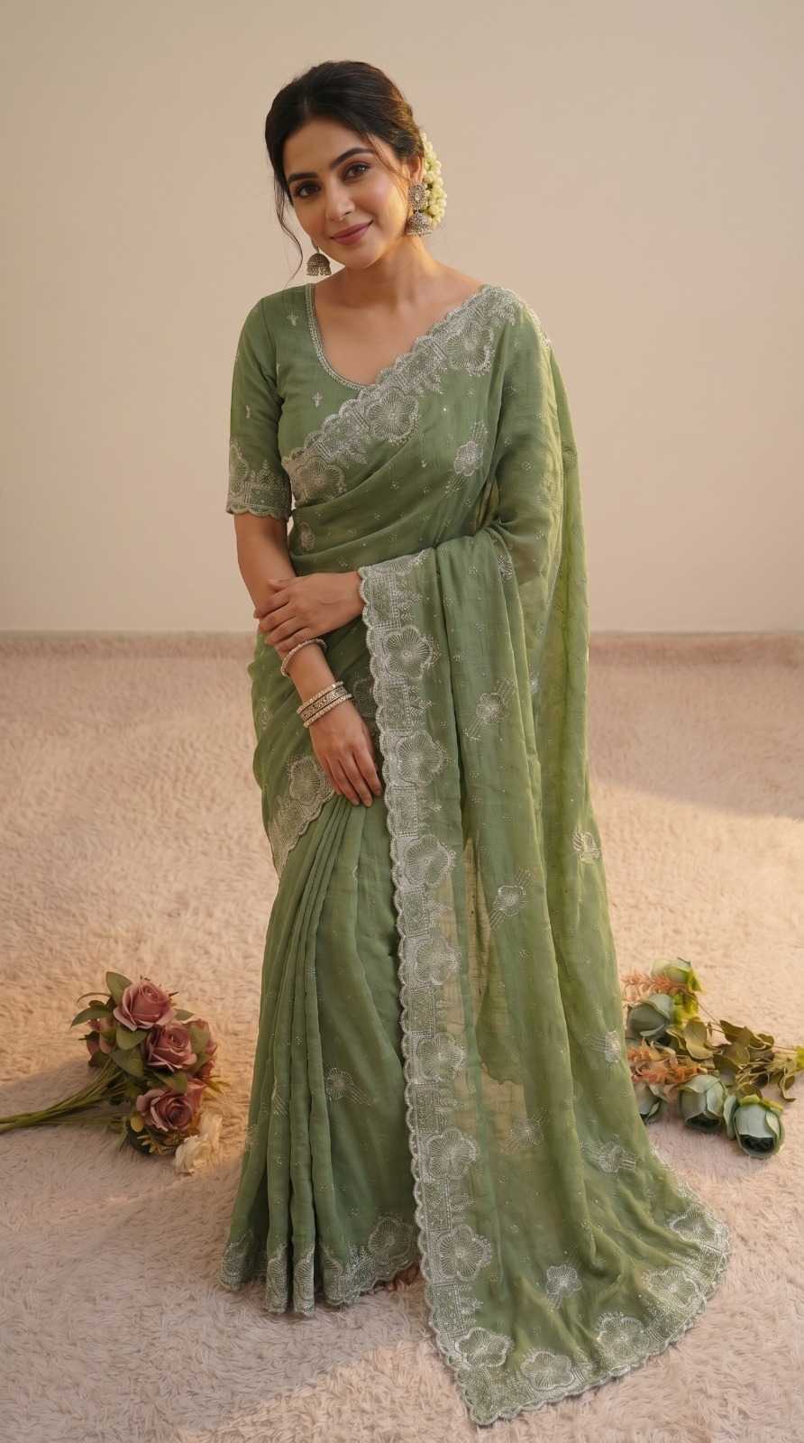 Soft Vichitra Designer Saree in Light Green