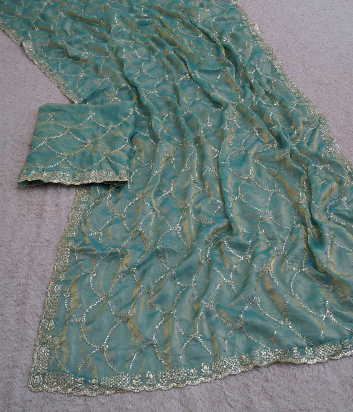 Satin Sequence Saree in Sky
