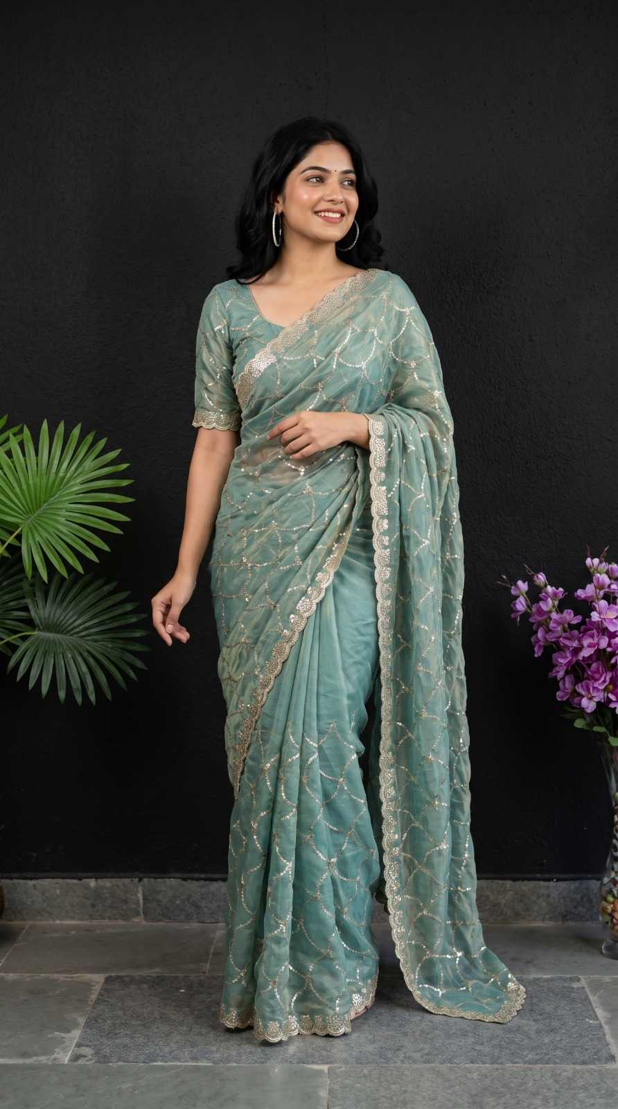 Satin Sequence Saree in Sky