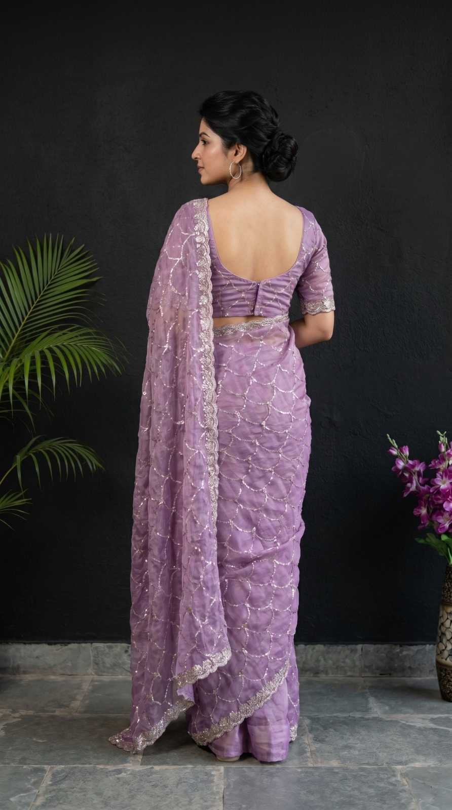 Satin Sequence Saree in Sky