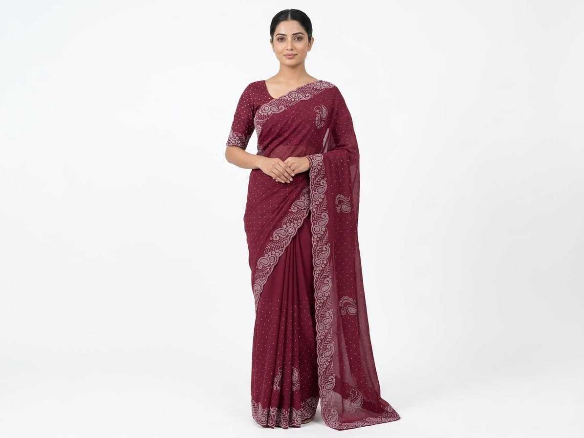Chinon Designer Saree in Dark Wine