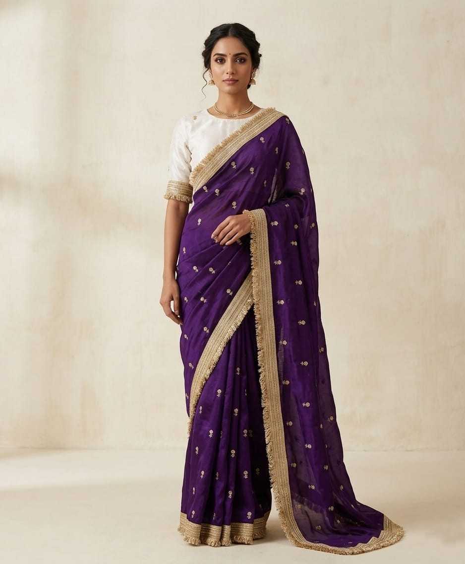 Satin Embroidered Saree in Purple