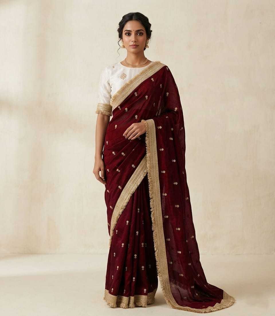 Satin Embroidered Saree in Purple