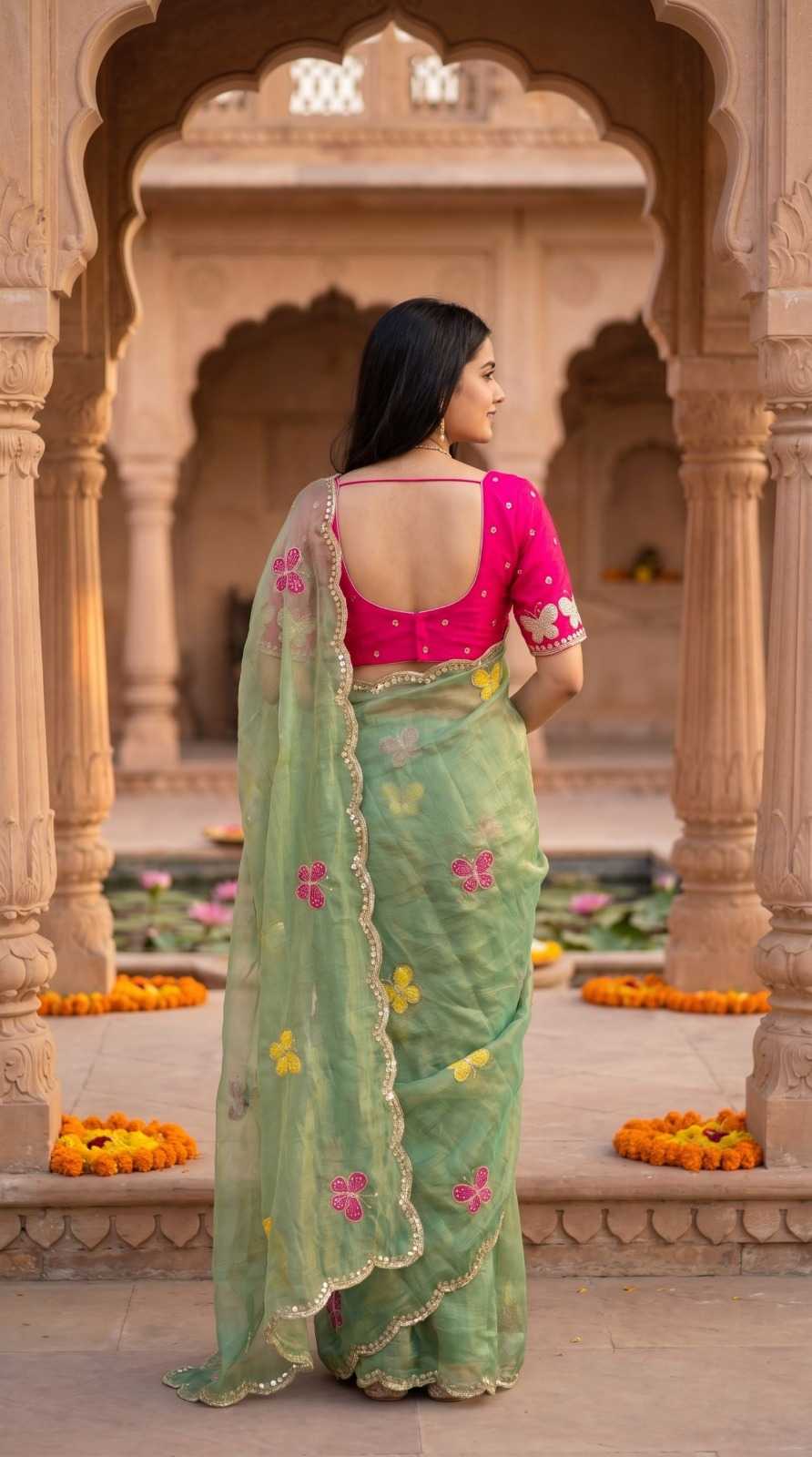 Satin Sequence Saree in Green