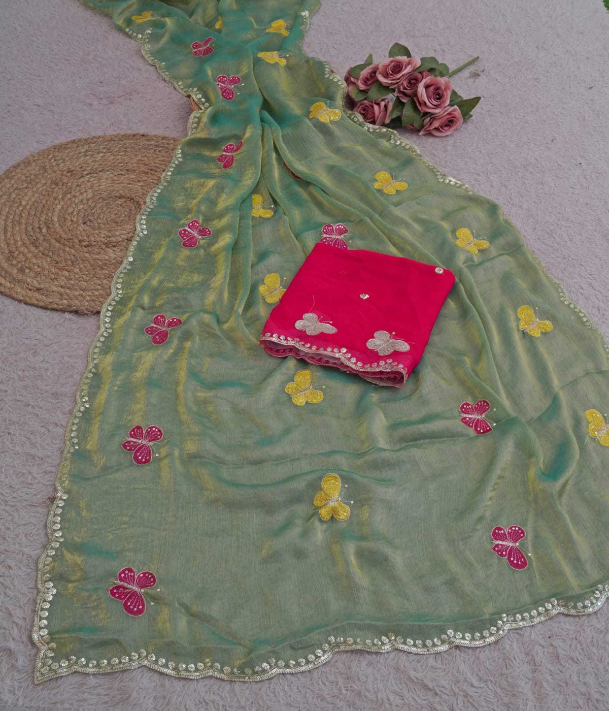 Satin Sequence Saree in Green