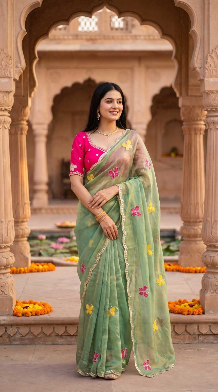Satin Sequence Saree in Green