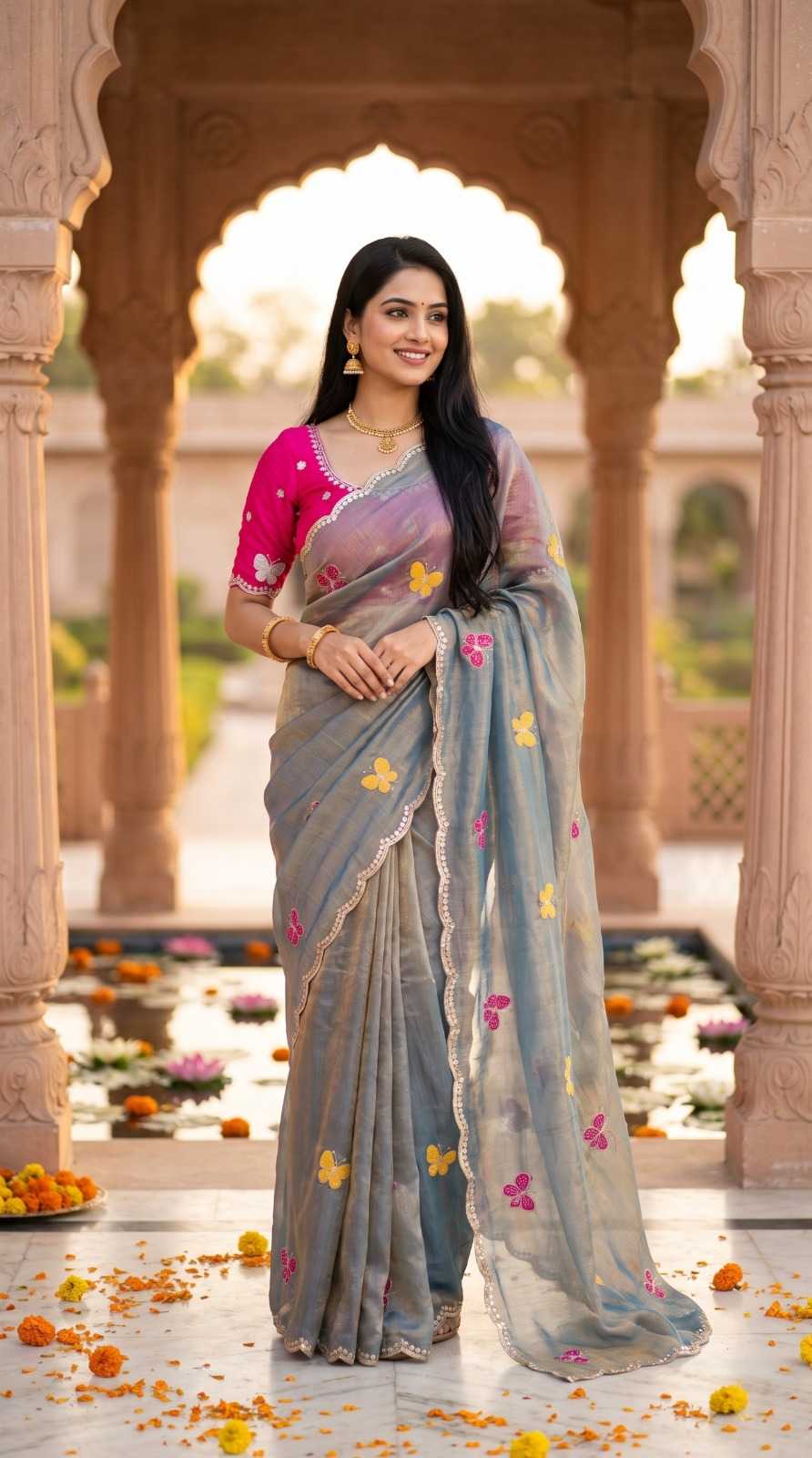 Satin Sequence Saree in Green