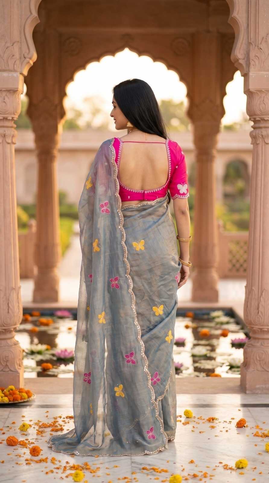 Satin Sequence Saree in Green