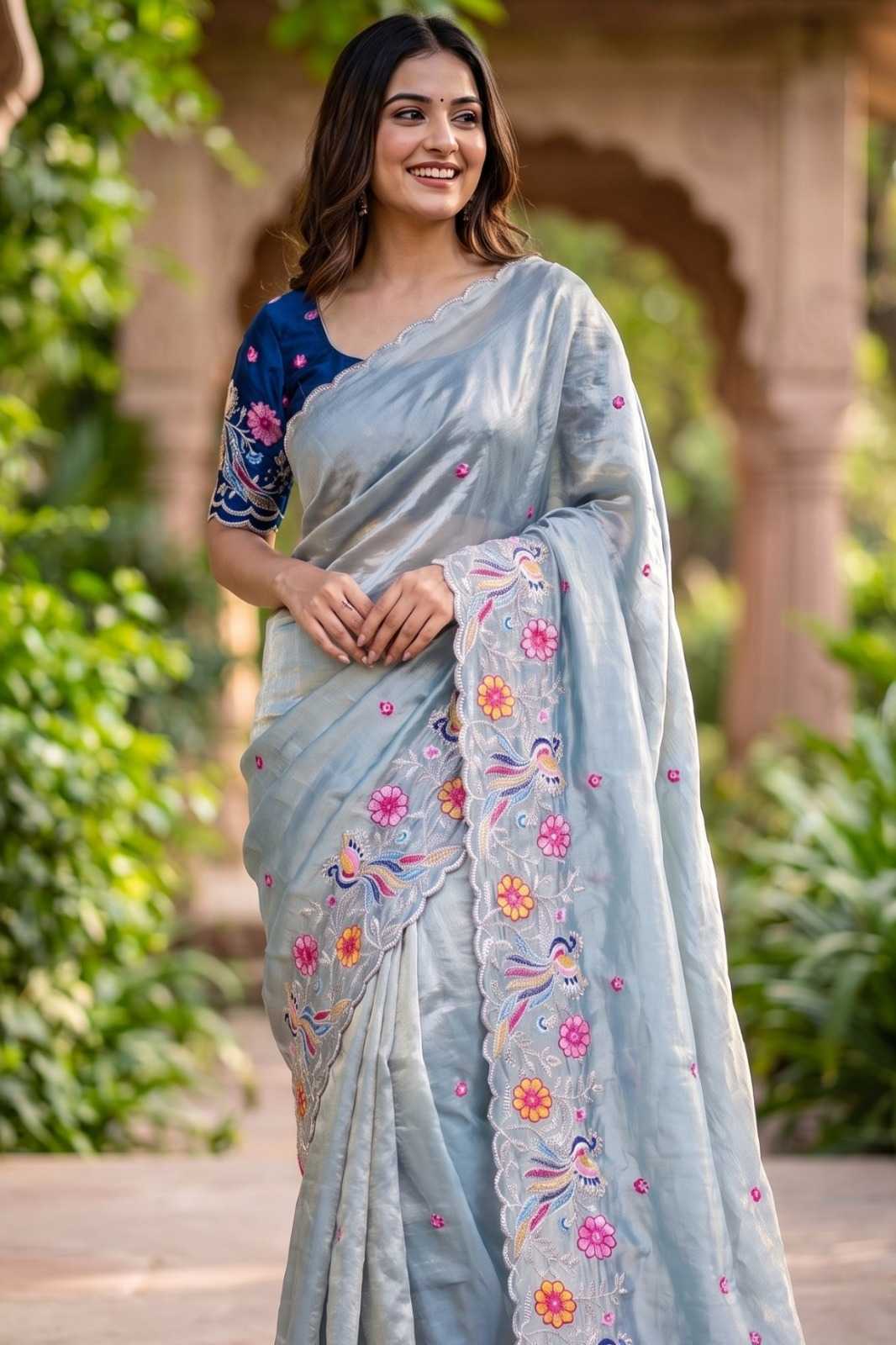 Satin Embroidered Saree