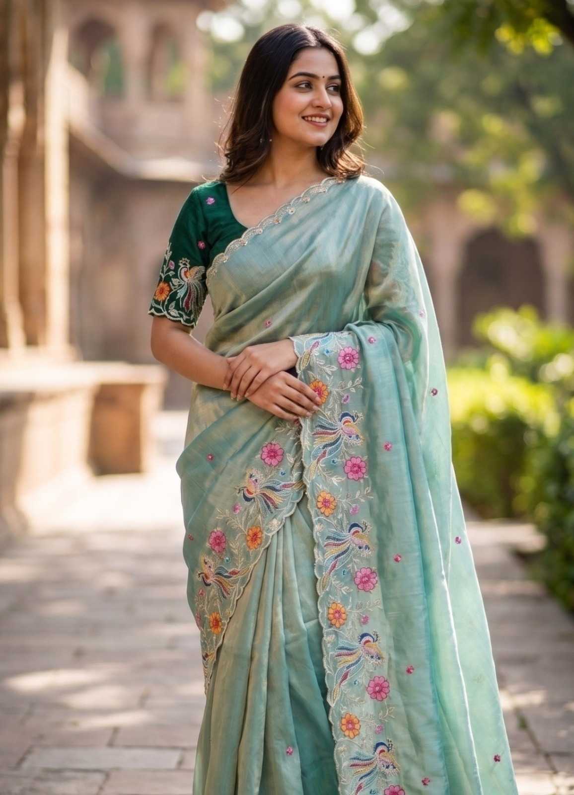 Satin Embroidered Saree