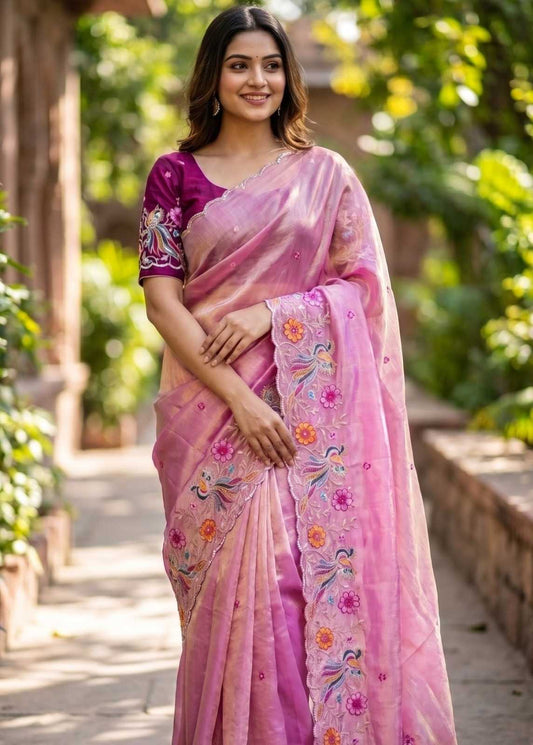 Satin Embroidered Saree