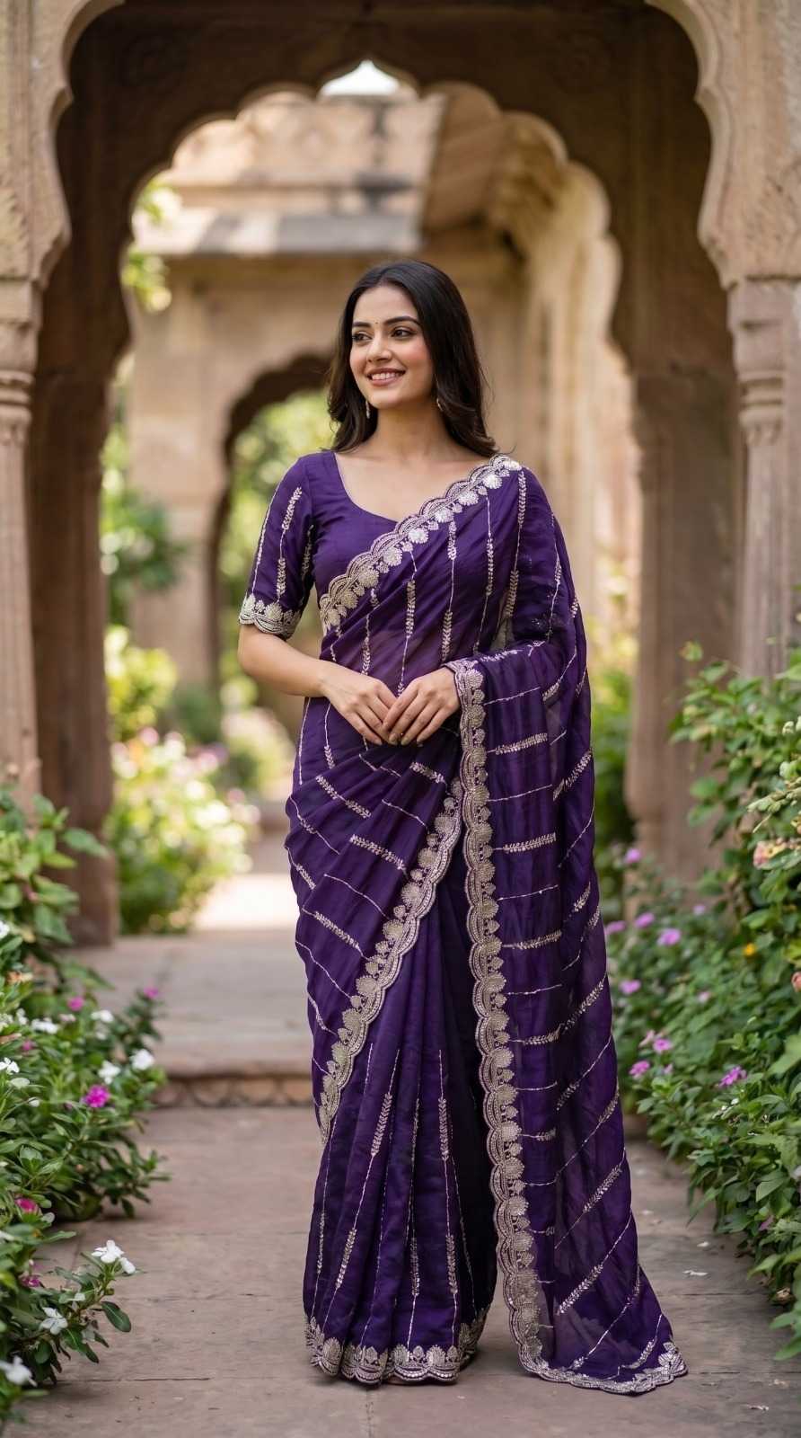 Satin Sequence Saree in Peacock Blue
