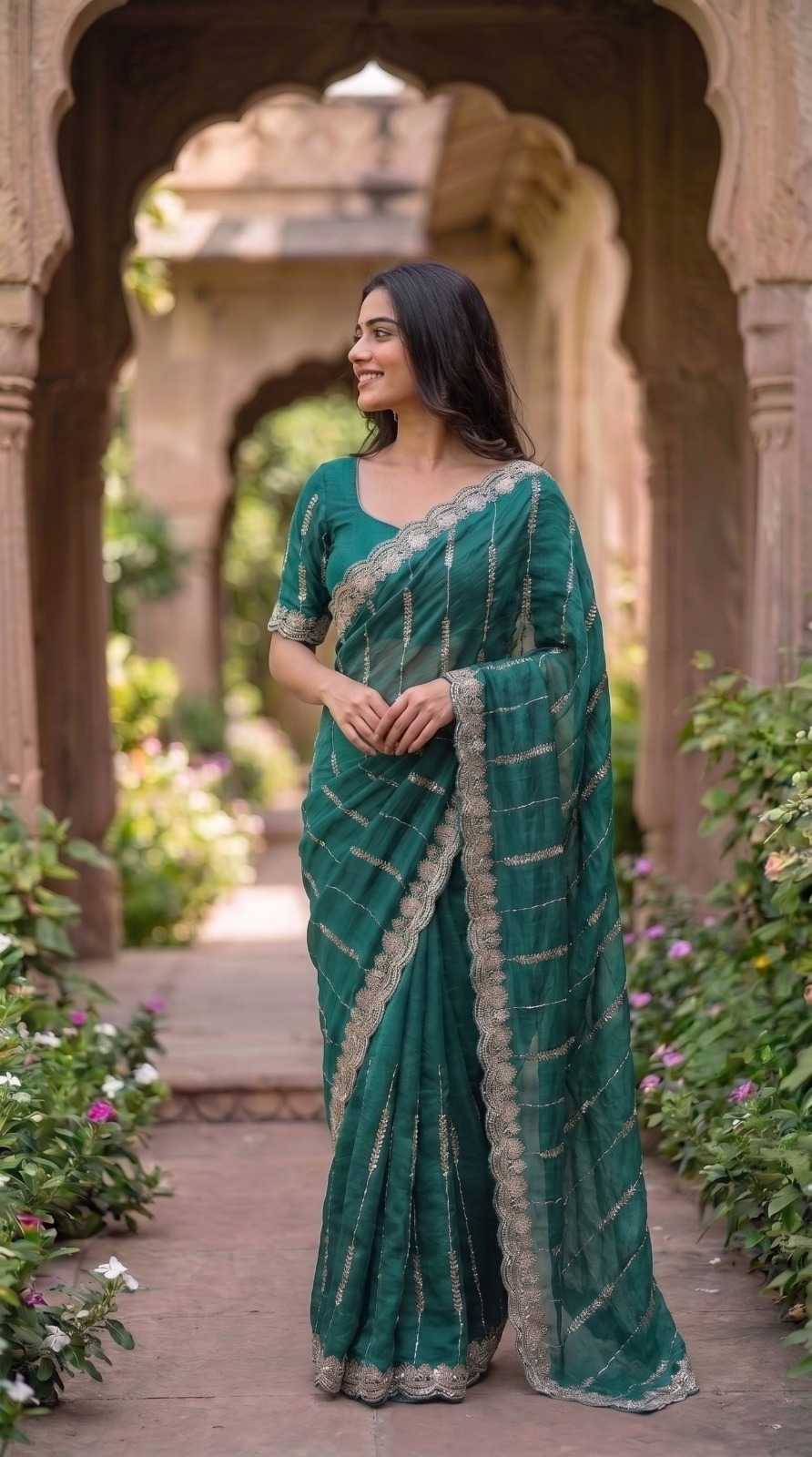 Satin Sequence Saree in Peacock Blue