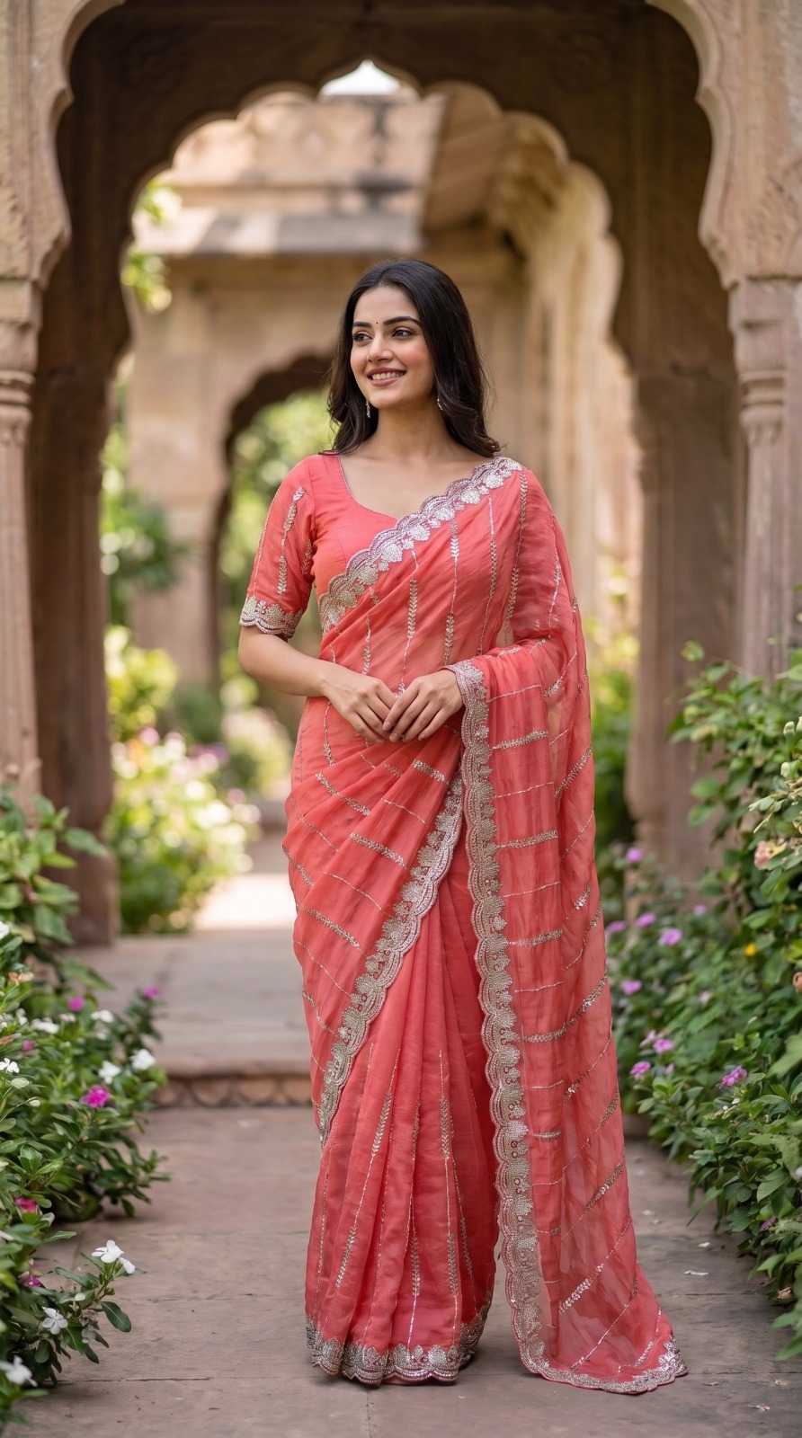 Satin Sequence Saree in Peacock Blue