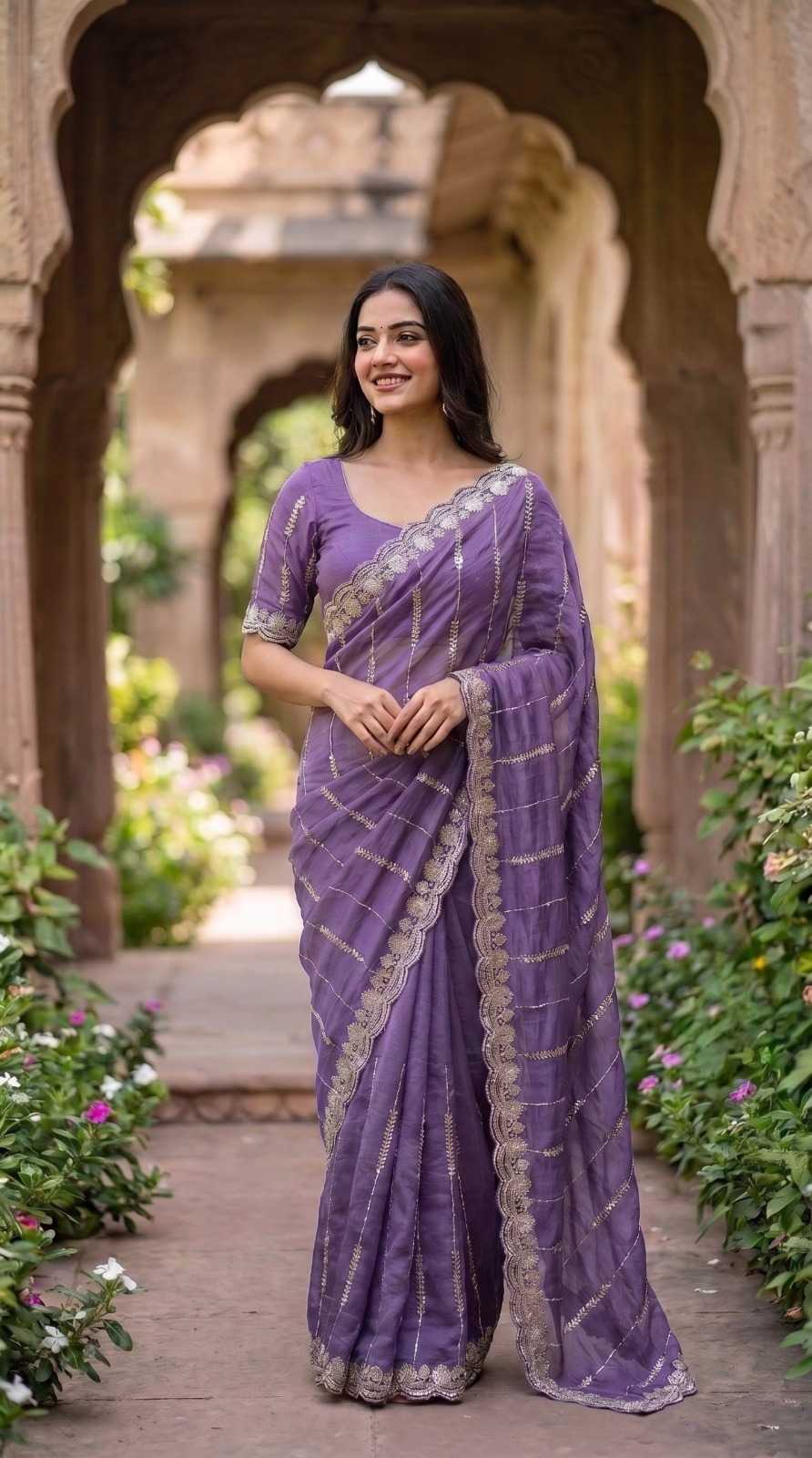 Satin Sequence Saree in Peacock Blue