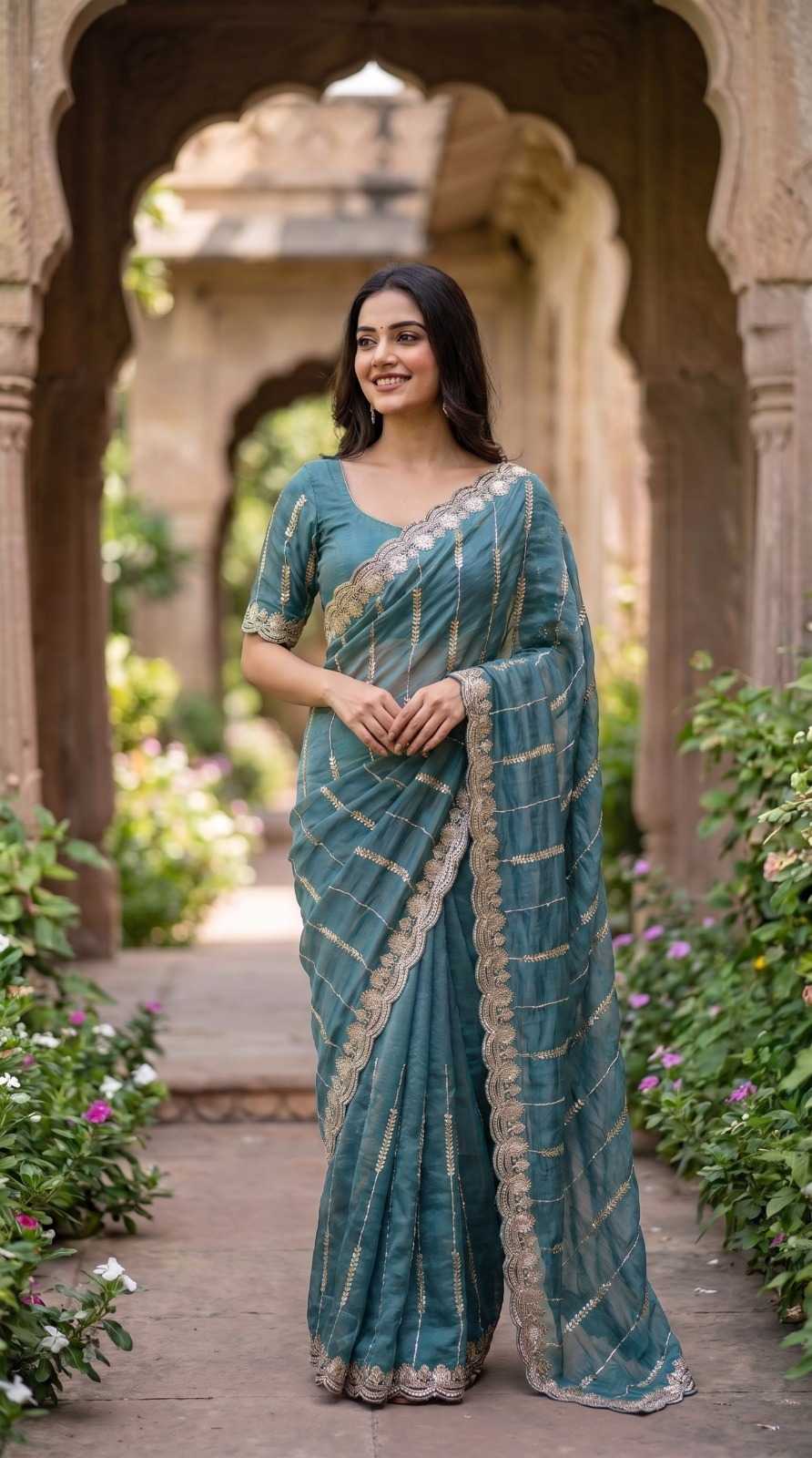 Satin Sequence Saree in Peacock Blue