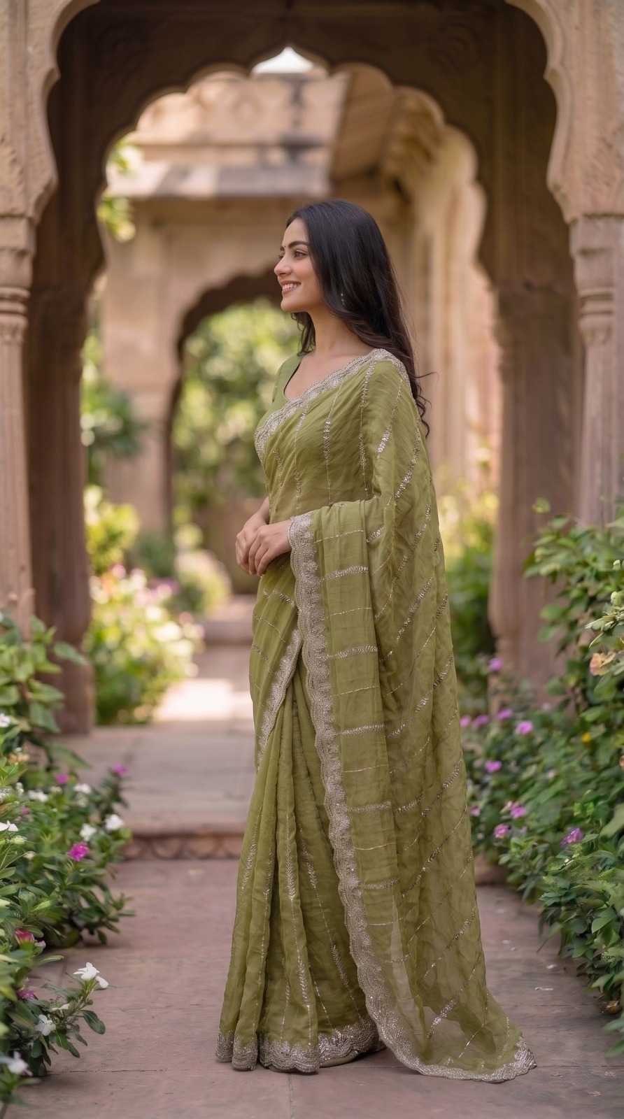 Satin Sequence Saree in Peacock Blue